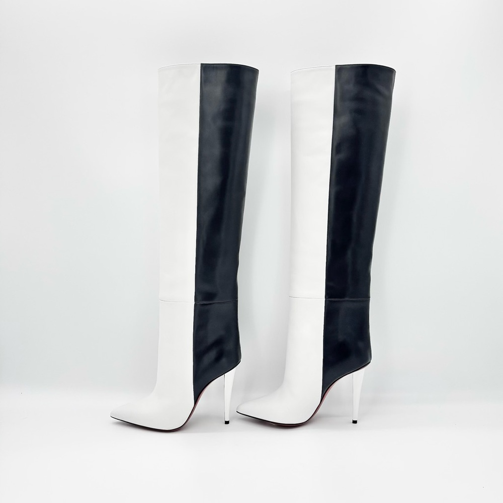 NIB Christian Louboutin Astrilarge Botta 100 Black White Pointed Toe Boots 37.5 - Picture 7 of 10